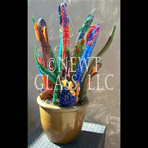Large multi colored in gold pot
 
	Large to small cactus pieces
	installed on a framework in a gold
	ceramic pot

